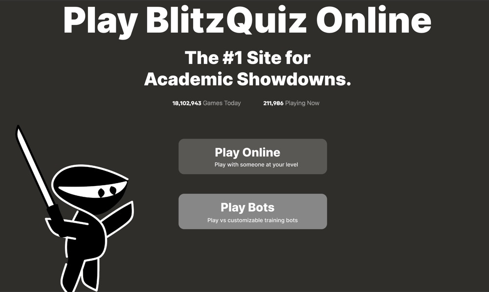 BlitzQuiz home screen with a ninja mascot and the options Play Online and Play Bots