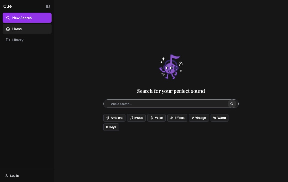 Cue's home screen before signing in, with a music-note mascot, the prompt Search for your perfect sound, and category chips