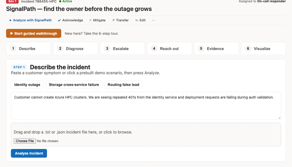 SignalPath inside the IcM incident page, with a six-step bar and prepared scenarios for an Azure HPC identity outage