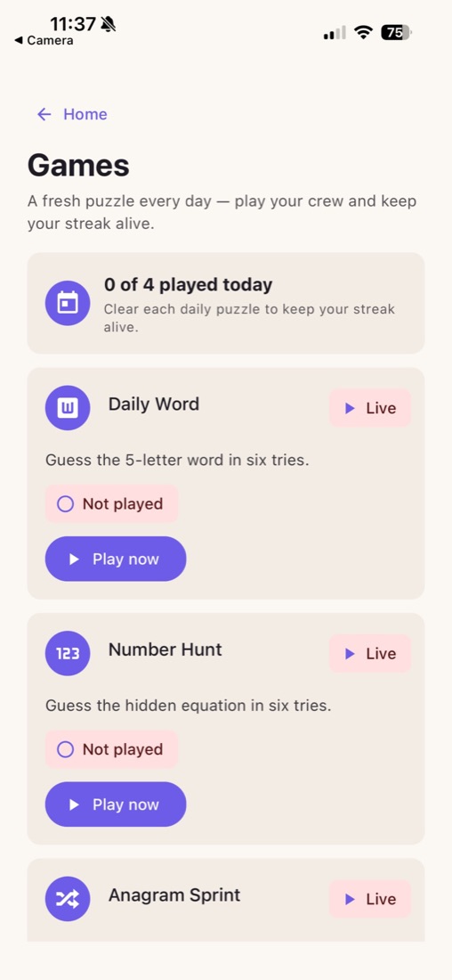 UPHouse's Games hub with daily puzzles such as Daily Word and Number Hunt