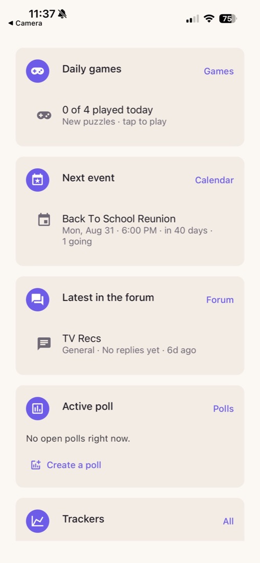 UPHouse's home dashboard with daily games, the next event, the latest in the forum and an active poll