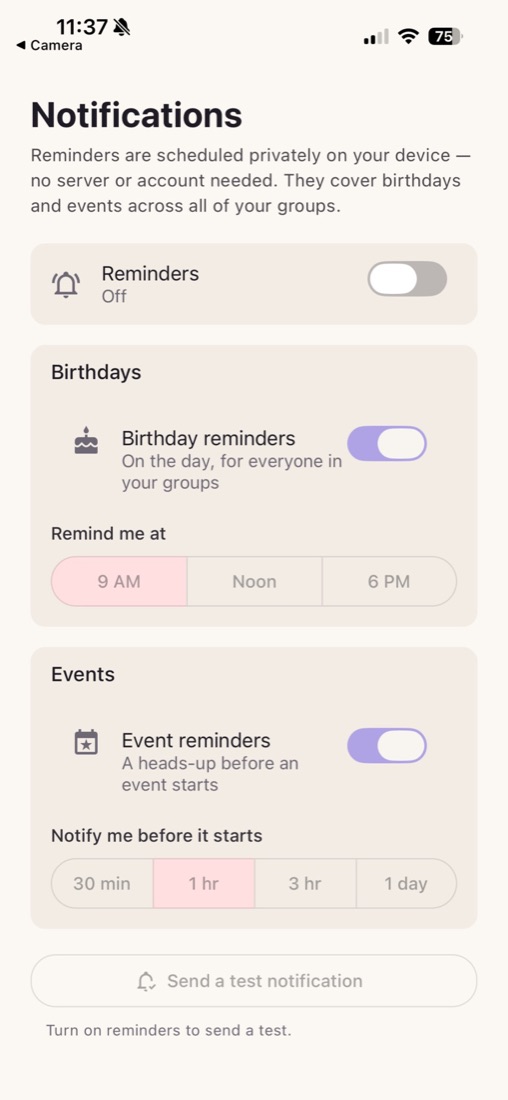 UPHouse's notification settings for birthday and event reminders scheduled privately on the device