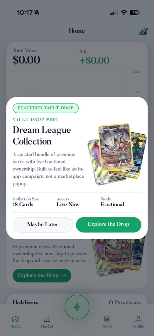 Viridian's home screen with a featured vault drop, the Dream League Collection of 18 cards with fractional ownership