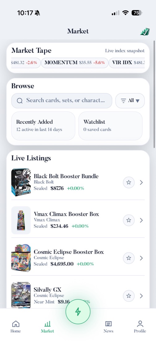 Viridian's market tab with a market tape, browsing, a watchlist and live listings