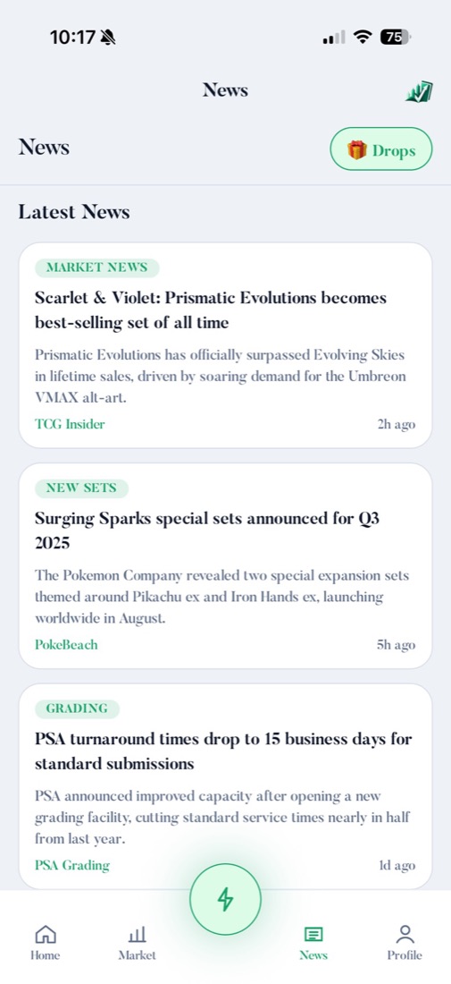 Viridian's news tab with market news, new sets and grading updates