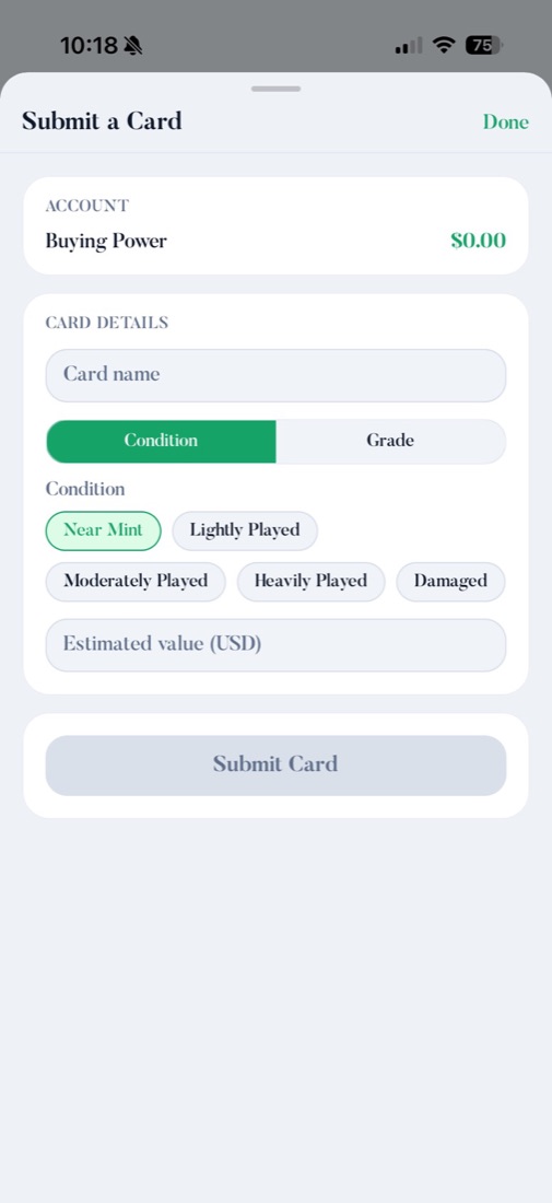 Viridian's Submit a Card form with card name, condition or grade, and estimated value