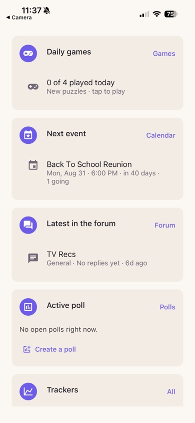 UPHouse's home dashboard with the next event, forum and polls