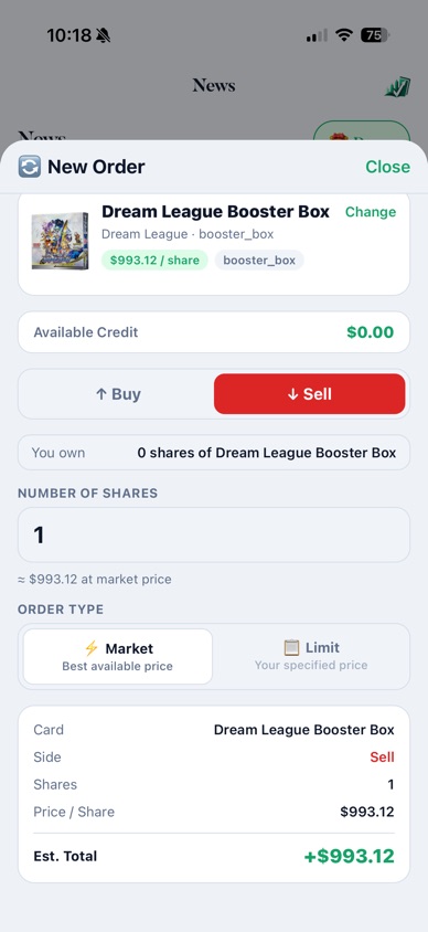 Viridian's order screen for buying or selling shares of a booster box